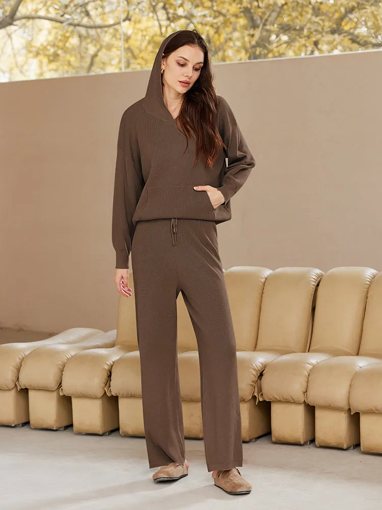 Women Pullover Hoodie Matching Wide Leg Pants Loose Knitted Sweatsuit with Pocket