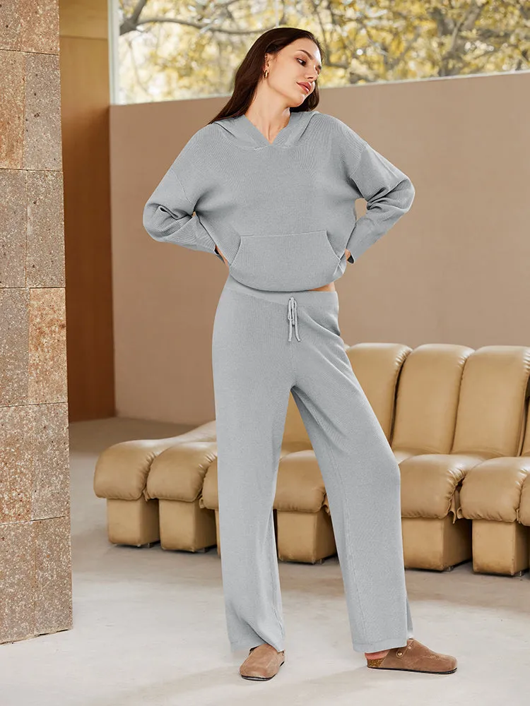 Women Pullover Hoodie Matching Wide Leg Pants Loose Knitted Sweatsuit with Pocket