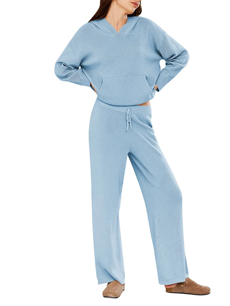 Women Pullover Hoodie Matching Wide Leg Pants Loose Knitted Sweatsuit with Pocket