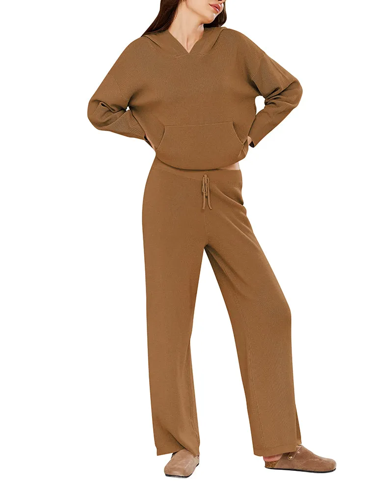 Women Pullover Hoodie Matching Wide Leg Pants Loose Knitted Sweatsuit with Pocket