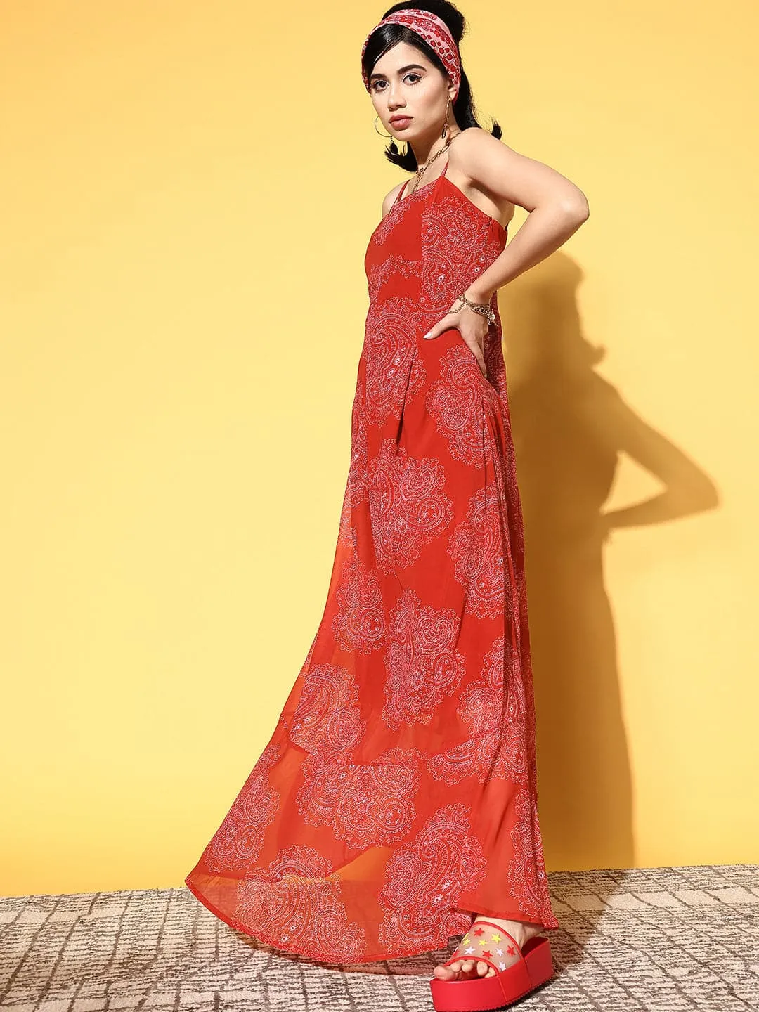 Women Red Paisley Box Pleat Strappy Maxi Dress