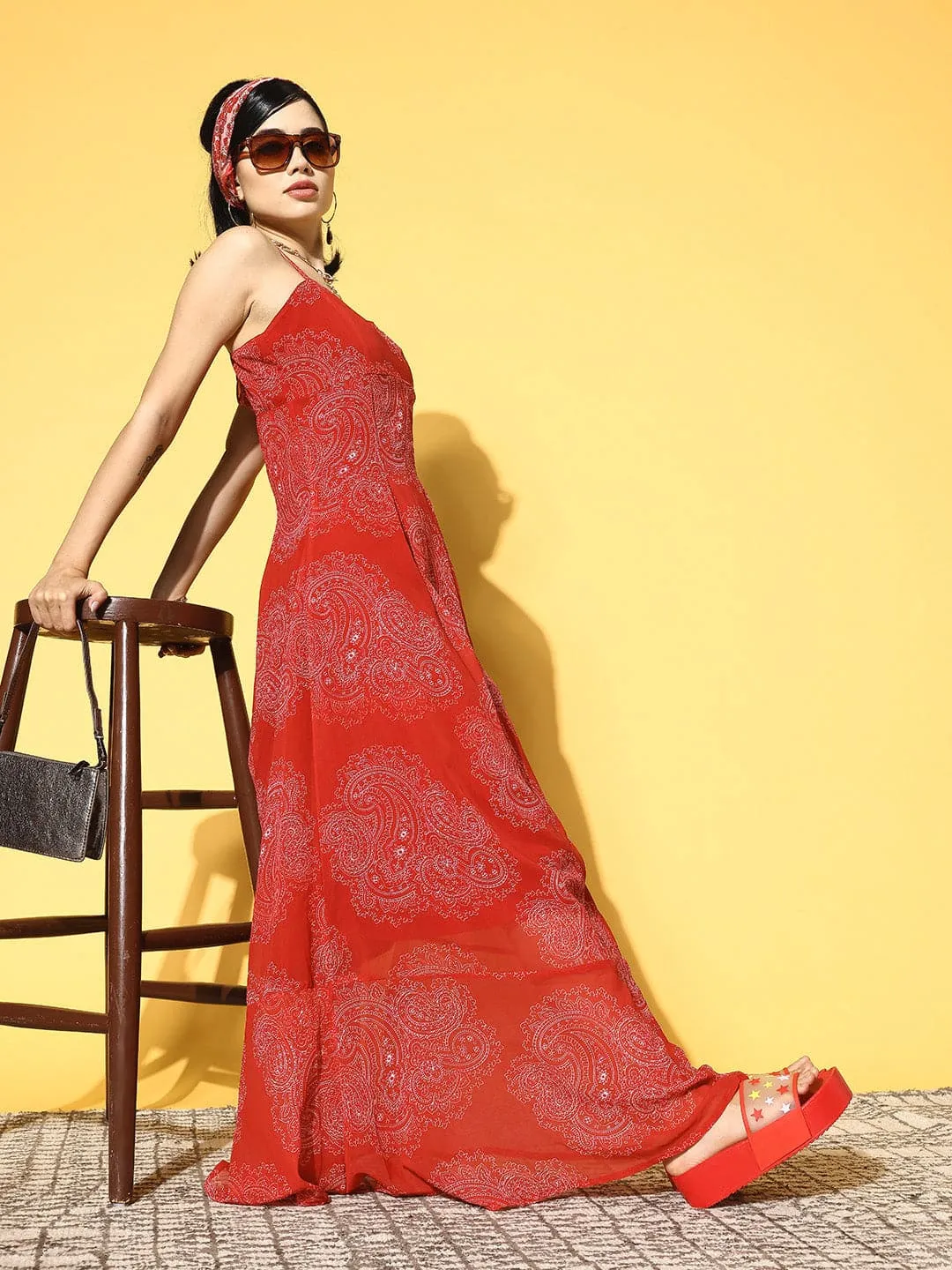 Women Red Paisley Box Pleat Strappy Maxi Dress