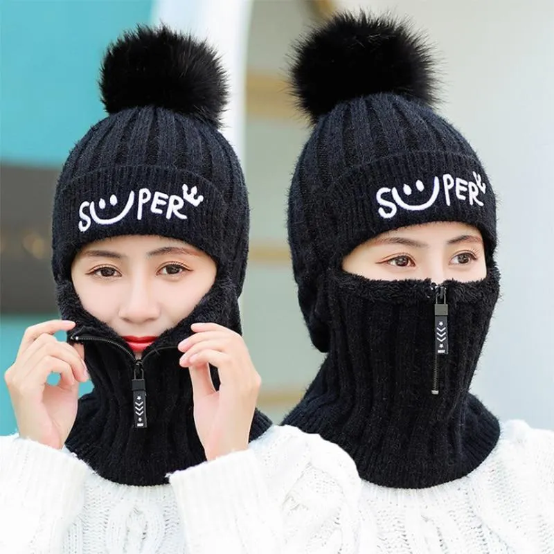 Women Winter Warm Knitted Fur Lined Hats with Zipper Face Warmer Balaclava