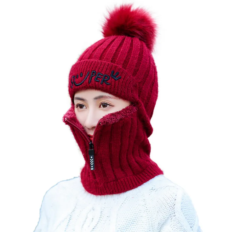 Women Winter Warm Knitted Fur Lined Hats with Zipper Face Warmer Balaclava