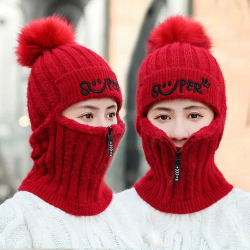 Women Winter Warm Knitted Fur Lined Hats with Zipper Face Warmer Balaclava