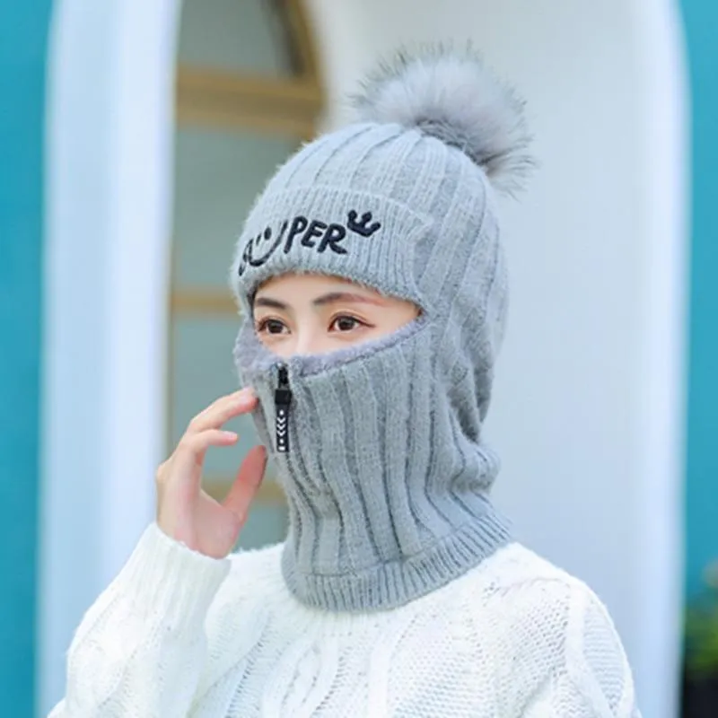 Women Winter Warm Knitted Fur Lined Hats with Zipper Face Warmer Balaclava