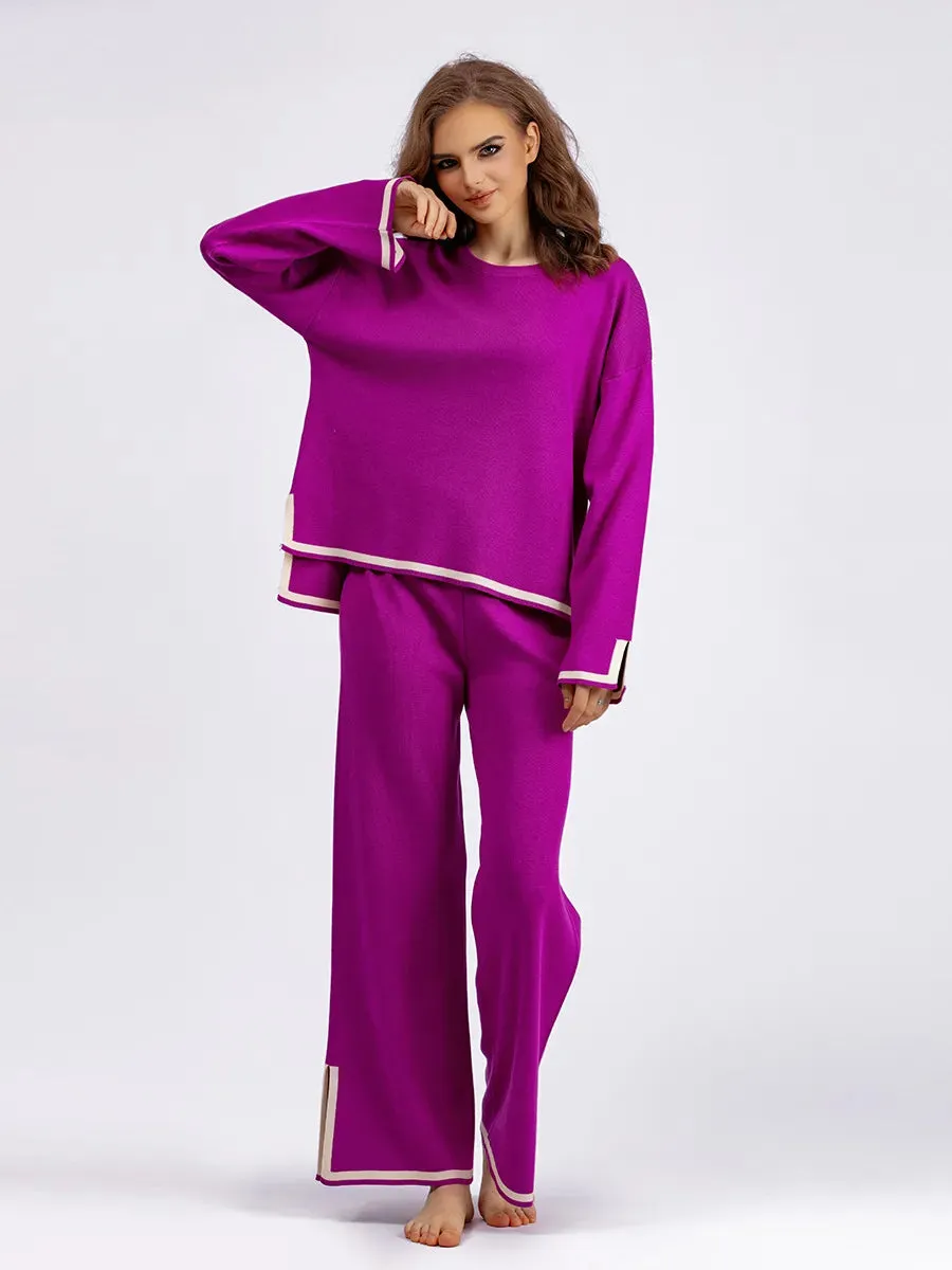 Women's Casual Long Sleeve Sweater and High Waist Wide Leg Pants Knitted Outfit Set