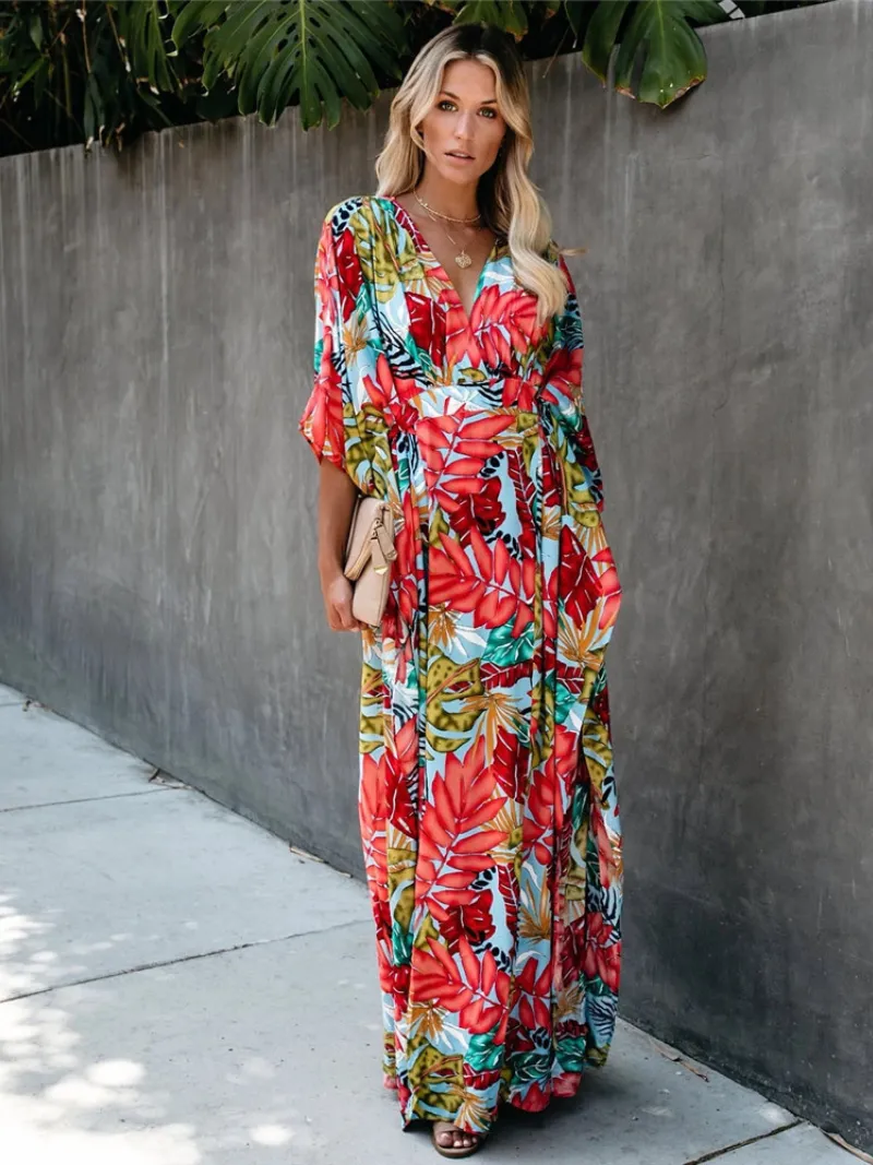 Women's Vintage Sweet Flower Maxi Dress With Belt